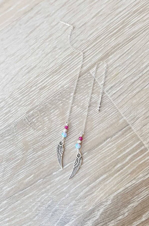 Etsy Gift Idea, 14K Gold Filled/sterling Silver, Angel Wing Pendant & Light Blue Opal & Ruby Beaded, Threader Earrings, Gothic