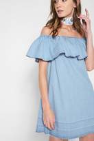 Thumbnail for your product : 7 For All Mankind Off The Shoulder Denim Dress In Cool Wave Blue