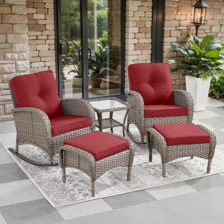 moosprr SleekArm 5-Piece Gray Wicker Patio Conversation Set with Olefin Red Cushion/Ottomans with Rocking Chairs