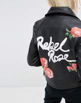 Thumbnail for your product : ASOS Leather Biker Jacket In Black With Rebel Rose Back Print