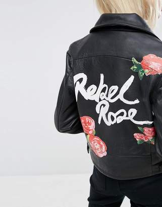 ASOS Leather Biker Jacket In Black With Rebel Rose Back Print