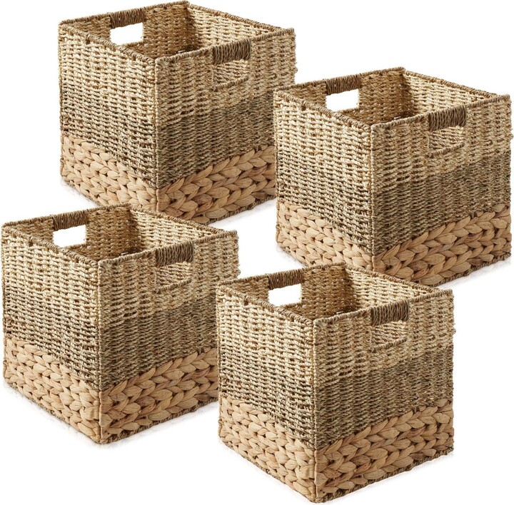 Casafield 12" x 12" Mixed Weave Storage Baskets, Natural - Set of Collapsible Cubes, Woven Bin Organizers for Bathroom, Bedroom, Laundry - N