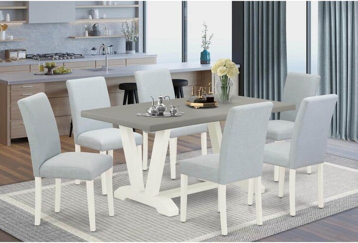East West Furniture 7-Piece Rectangle Natural Oak Finish Solid Wood Top Dining Set with 1 table and 6 Upholstered Chairs with Lattice Back