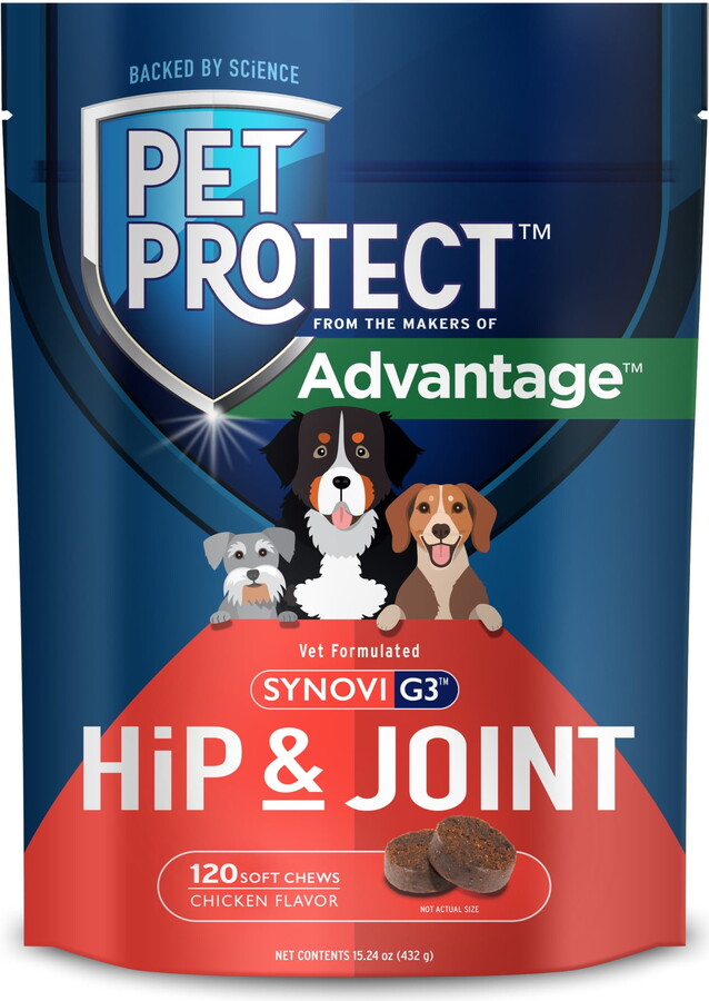 Pet Protect Dog Hip & Joint Supplement, Vet-Formulated Synovi G3, Chicken, 120 Soft Chews