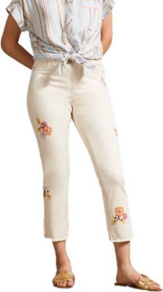 Women's Tribal Embroidered Audrey Pull-On Crop Slim Fit Straight Jeans Ecru 4 26