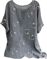 Thumbnail for your product : Am Clearance Linen Tops for Women UK Summer Tunic Tee Shirt Jacquard Tops Vintage Print Scoop Neck Baggy Shirt T-Shirt Blouse Casual Tunic Plus Size Plain Blouse Tops Longline Loungewear