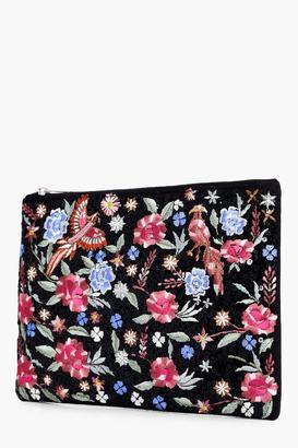 boohoo Lexi Embroidered Bird Floral Clutch Bag