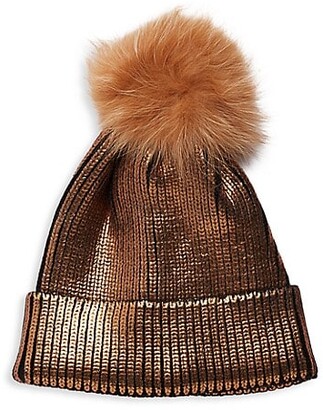 Adrienne Landau Metallic Fox Fur Pom-Pom Beanie - ShopStyle Hats