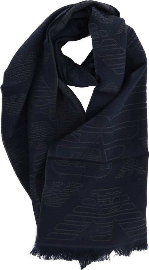 Emporio Armani Logo Embroidered Frayed Edge Knitted Scarf