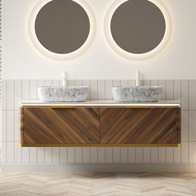 60" Floating Double-Sink Bathroom Vanity, Espresso Woodgrain Plywood Cabinet With 2 Drawers & Sensor Light, Sintered-Stone Top & 2 Marble-Pattern Cera