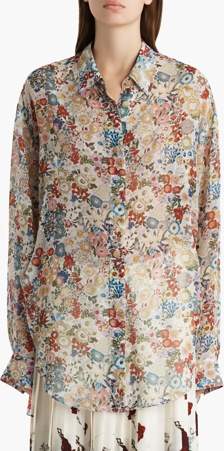 KHAITE Goya Floral Silk Chiffon Button-Up Shirt