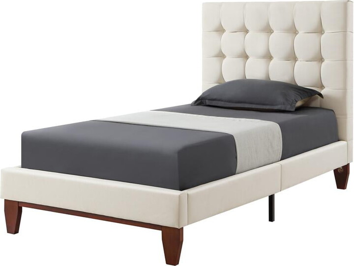 HomeRoots Beige Solid Wood Full Tufted Upholstered Linen Bed