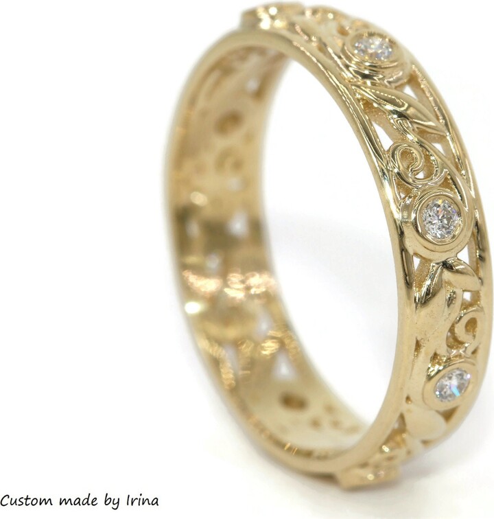 Etsy Natural Diamonds Rustic Leaf Vine Scroll Filigree Eternity Wedding Ring 14K Solid Gold