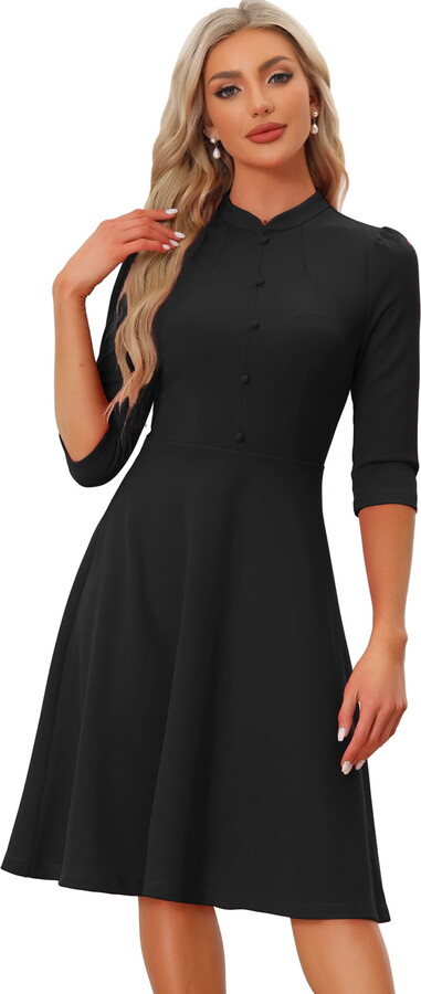 Unique Bargains Women’s Sheath 3/4 Sleeves Stand Collar A-Line Dress S Black