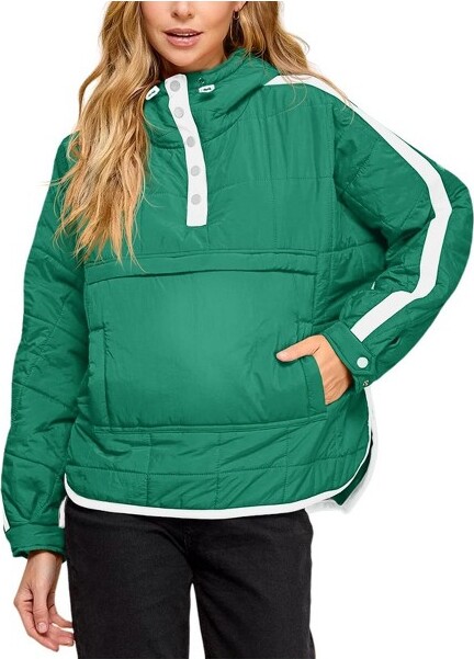 Imily Bela ImilyBelaWomensOversizedPufferPulloverJacketQuiltedColorBlockPuffyHoodedCoatFallHoodiesOuterwearwithPocketsGreenS