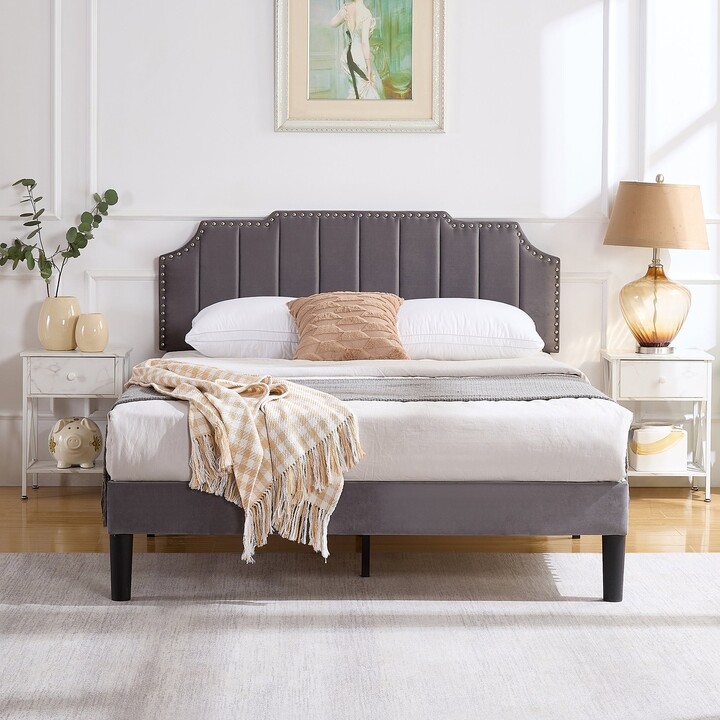 Height Adjustable Upholstered Platform Bed Frame with Nailhead Trimmed