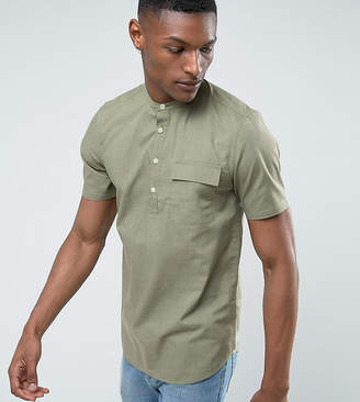 ASOS Tall Regular Fit Linen Look Grandad Shirt In Khaki