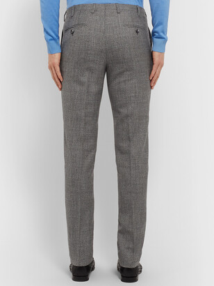 Kiton Grey Slim-Fit Micro-Puppytooth Cashmere, Linen And Silk-Blend Suit Trousers