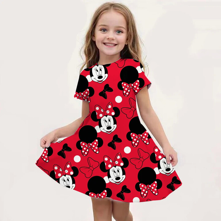 MINISO Disney Cartoon Minnie Mouse Printed Dress Girls Summer Fashion One-piece Dress Kids Daily Casual Short Sleeve Clothing Outfit