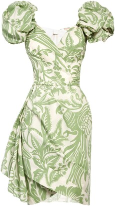 Johanna Ortiz Floral & Parrot Print Puff Sleeve Faux Wrap Dress