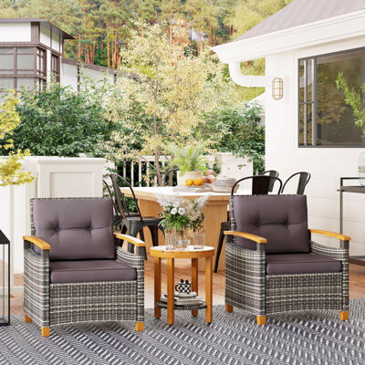 East Urban Home 3 Pieces Bistro Set PE Wicker Gray Patio Wooden With Cushions Pe Wicker Patio Furniture Outdoor For Porch Backyard Garden