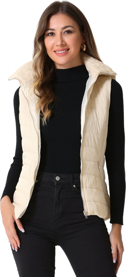 DARING DIVA Women’s Sleeveless Winter Hoodie Stylish Quilted Vest M Beige