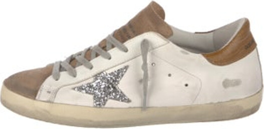 Golden Goose Super-Star Low Top Sneakers White Leather Printed Rubber & Suede Trim Distressed & Glitter Accents Round-Toes Lace-Up Closure at Uppers Designer