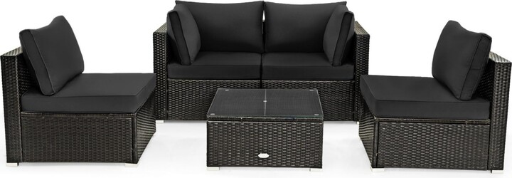 Sugift 5 Pieces Cushioned Patio Rattan Furniture Set with Glass Table-Black