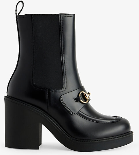 Gucci Womens Black Horsebit Block-Heel Leather Ankle Boots Eur 37 / 4 Uk Women