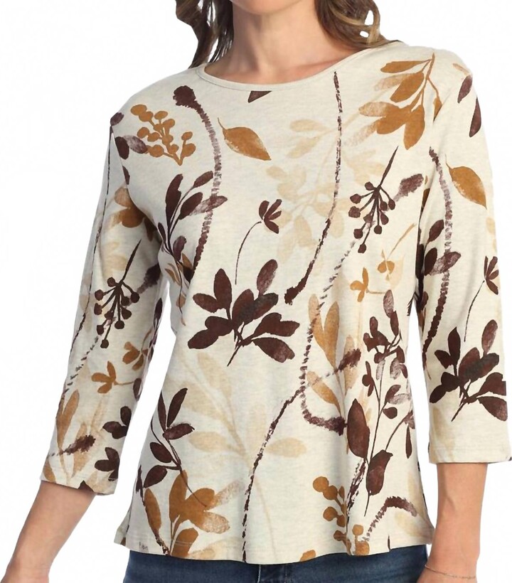 Jess & Jane Verde Printed Cotton Top - Plus In Beige