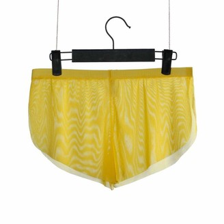Gowineu Men Ultra Short See Through Fishnet Buckled Bikini Briefs Yellow
