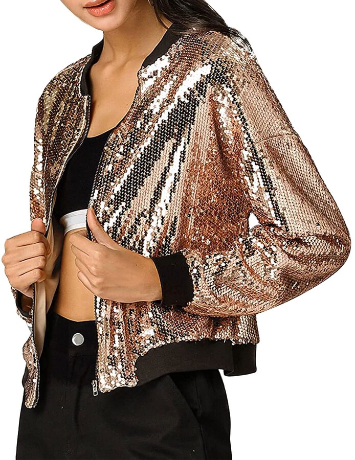 WUOOYOQ Womens Shiny Sequin Jacket Open Front Sparkly Glitter Disco Blazer  Long Sleeve Party Evening Cardigan Coat (A-Gold XXL) - ShopStyle