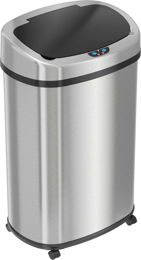 iTouchless Stainless Steel Oval Sensor Trash Can with Wheels and AbsorbX Odor Filter 13 Gallon Silver