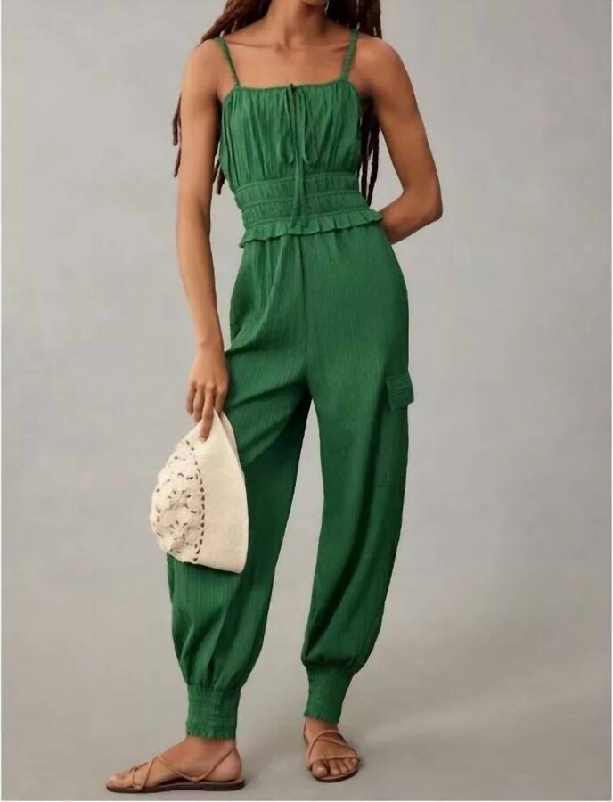 En Saison Rider Smocked Jumpsuit In Green