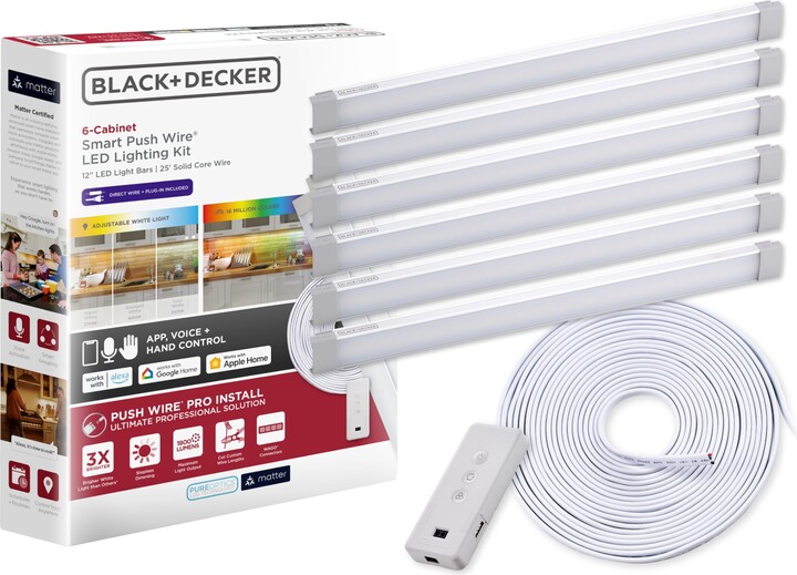 PureOptics LED Black+Decker Professional Push Wire® Matter Certified Smart Under Cabinet Lighting Kit