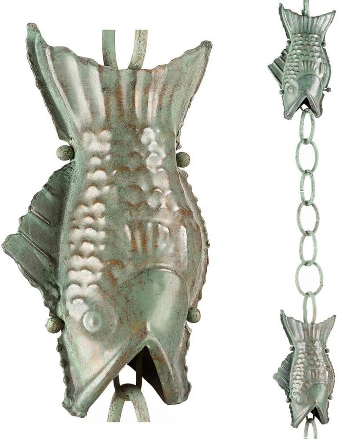 100% Blue Verde Pure Copper Fish Rain Chain, 8-1/2 ft. Long, Large Wide Mouthed Fish, Replaces Downspout