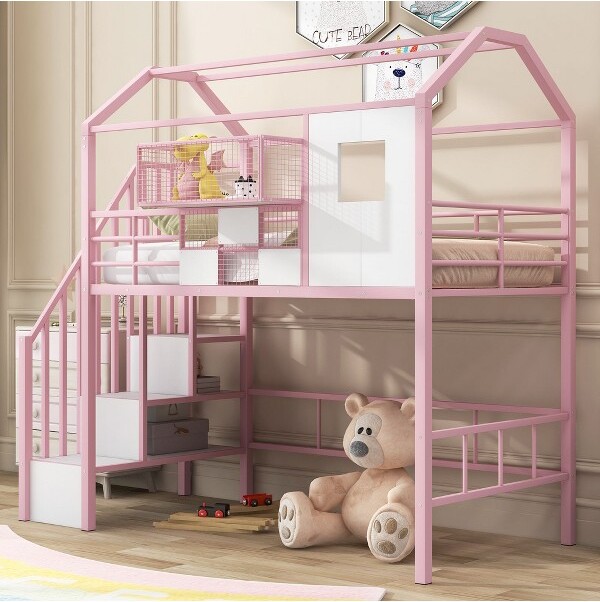 SapphtopazTwinSizeLoftBedwithRoof&WindowMetalKidsBedFramewithGuardrail&StairsSpace-SavingLoftBedwithStorageBoxforKidsPink