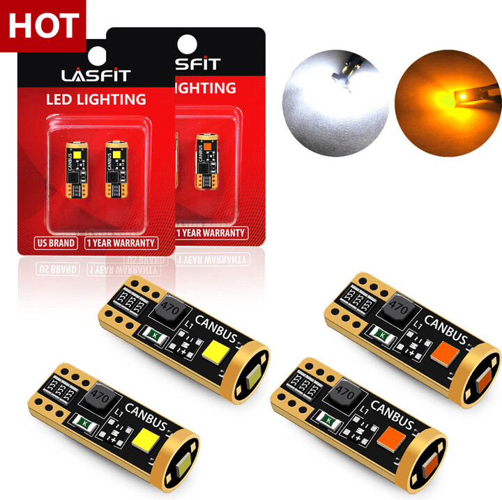 Lasfit 194 168 2825 T10 W5W LED Bulbs, Combo License Plate Light + Side Marker Light Bulbs, Xenon White & Amber, 4Pcs