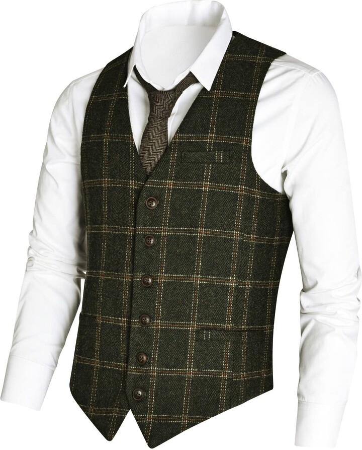 VOBOOM Men's Slim Fit Herringbone Tweed Suits Vest Premium Wool Blend