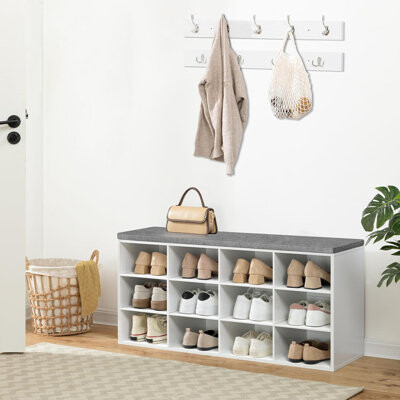 Shoe Storage Bench With Cushion, 39.4" L Entryway Bench With 12 Cubbies,White