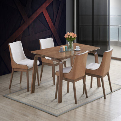 George Oliver Modern Contemporary Walnut Finish 5-Piece Dining Set Rectangle Table And 4X Wingback Side Chairs Retro Style