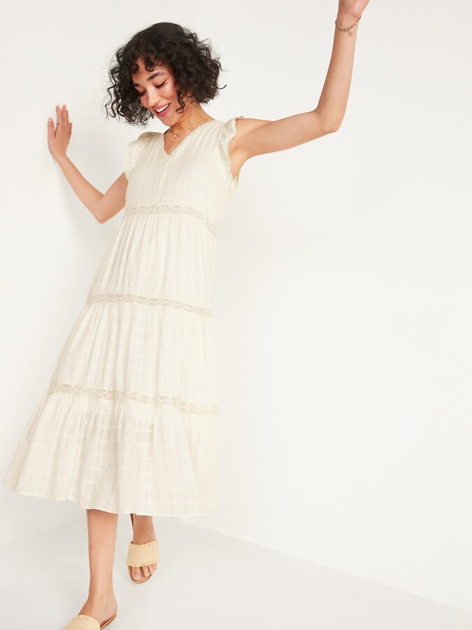 Old Navy Flutter-Sleeve Tiered Dobby Midi Swing Dress for Women - ShopStyle