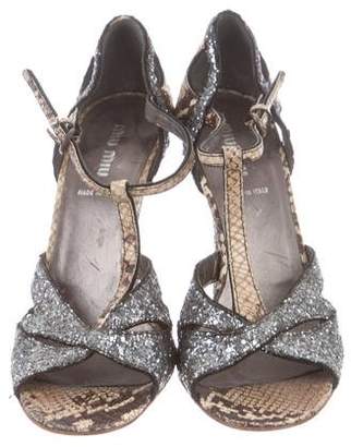 Miu Miu Glitter T-Strap Sandals