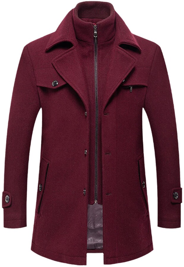Hwybht Mens Wool Coat Double Collar Thick Trench Coat Business Casual
