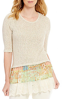 Multiples Elbow Sleeve Solid Sweater Knit & Print Crinkle Hi-Lo Top