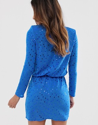 Flounce London midi dress with statement shoulder in cobalt with sequins