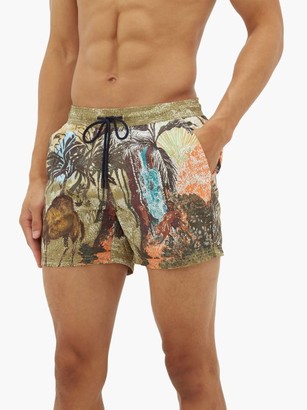 Etro Camel-print Drawstring Swim Shorts - Khaki Multi
