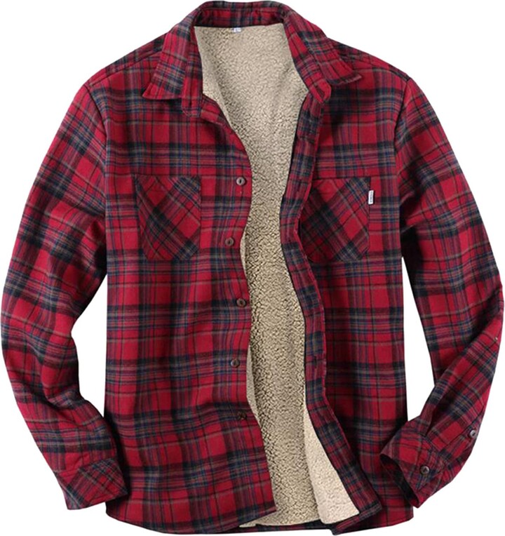 Alueeu Mens Fur Lined Padded Lumberjack Check Button Shirt Long
