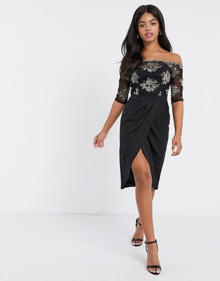 Chi Chi London contrast lace wrap skirt dress in black
