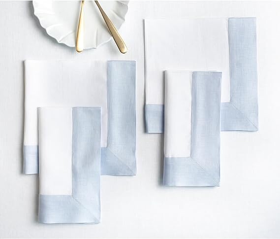Solino Home Linen Cloth Napkins – 20 x 20 Inch Dinner Napkins Set of 4 – 100% Pure Linen Light Blue and White Napkins – Washable Fabric Napkins for Indoor, Outdoor – Contempo